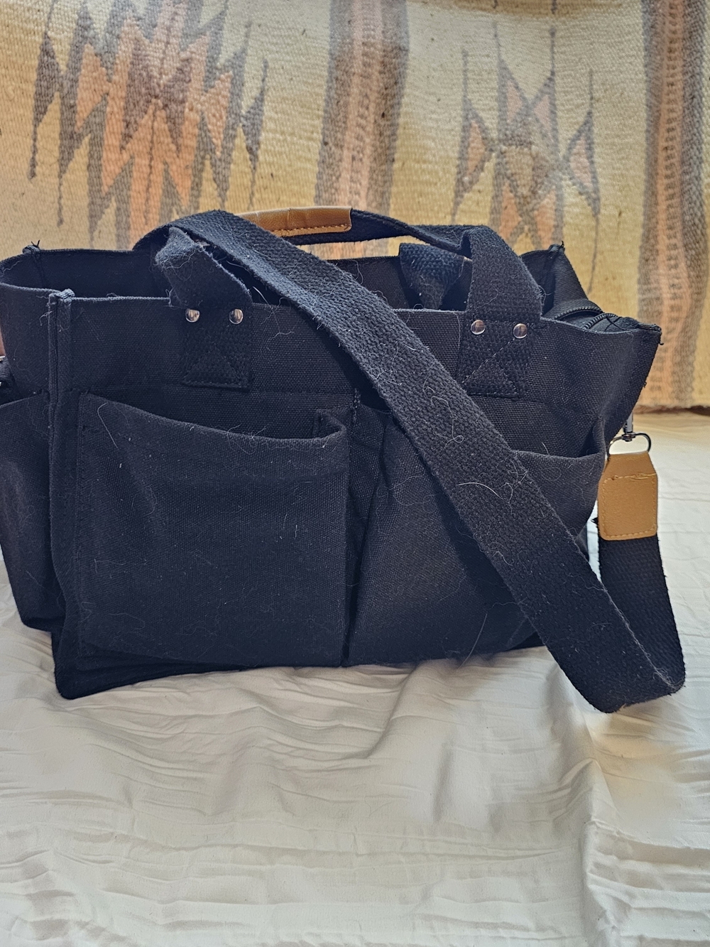 Black Canvas Messenger Tote Bag with Shoulder Strap